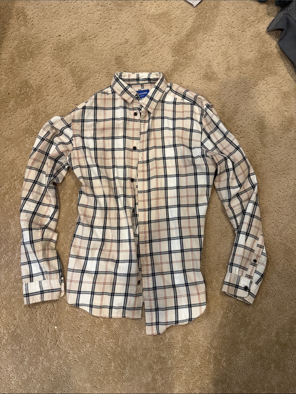 Jack and Jones Beige and Navy Plaid Button-Down Shirt